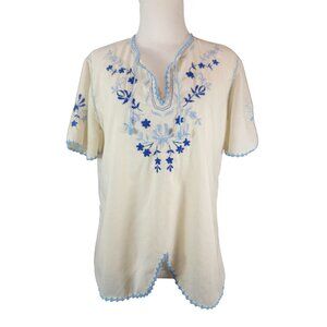 Vintage 1930s Hungarian White & Blue Bohemian Embroidered Floral Folk Blouse S